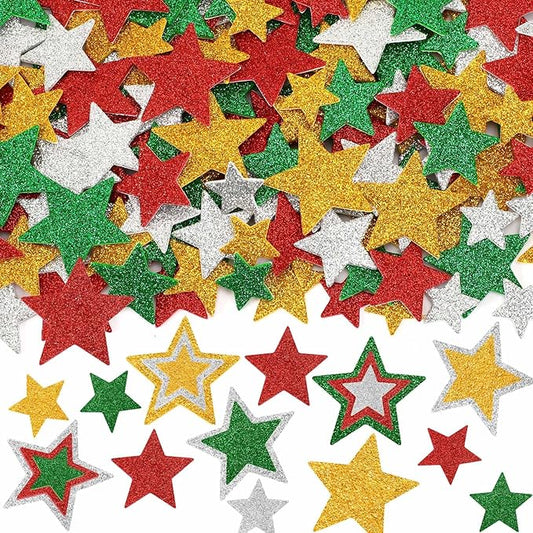 JULBEAR Star Foam Sticker, 300Pcs Christmas Glitter Star Shapes Foam Stickers for Kids Holiday Xmas Party Favors Toddler DIY Crafts Supplies Home Decorations(Red Green Gold Silver)