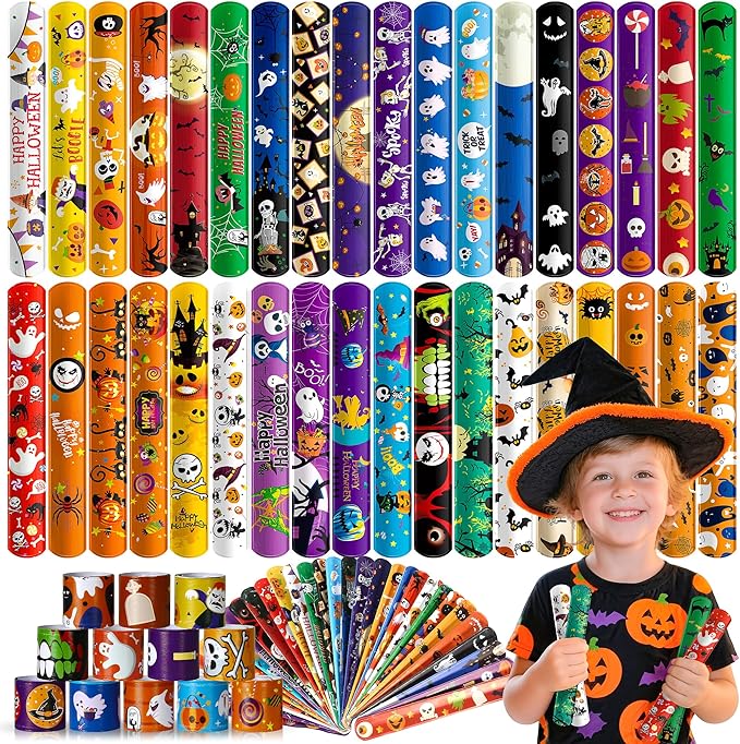 Halloween Slap Bracelet For Kids,48Pcs Halloween Party Favors, Halloween Decorations Gifts Bracelet Decorations Outdoor, Halloween Prizes Snap Bracelets Bulk Decor,Halloween Favors for Kids,Boys,Girls