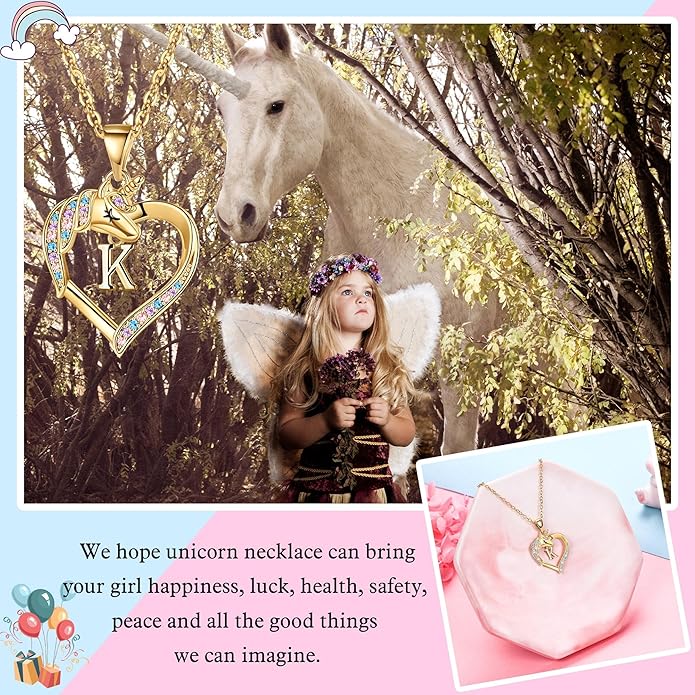 Hidepoo Unicorn Necklace Gifts for Girls - 14K-Gold-Plated Colorful CZ Heart Necklace Girls Jewelry Initial Unicorn Necklaces for Girl Birthday Gifts