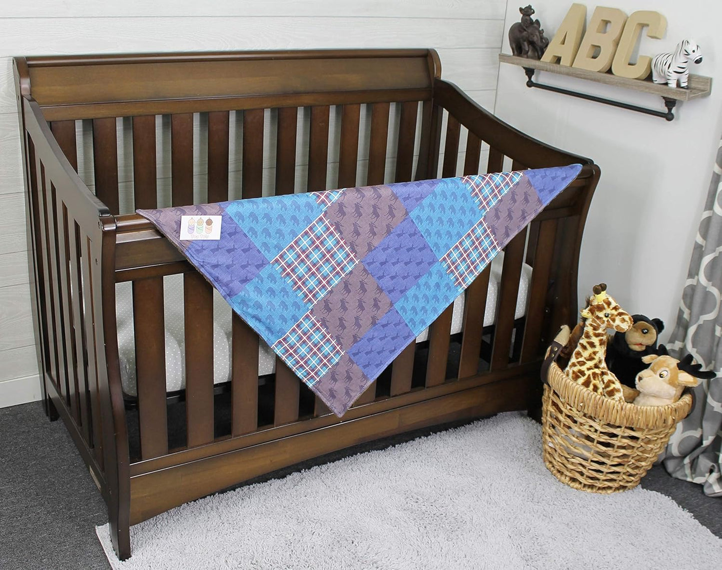 Top Tots “Woodland Animals Collection” Minky Baby Blanket, Moose, Bear and Deer Heads, Orange, Brown and Blue, Checkerboard Pattern, 29 Inches by 39 Inches