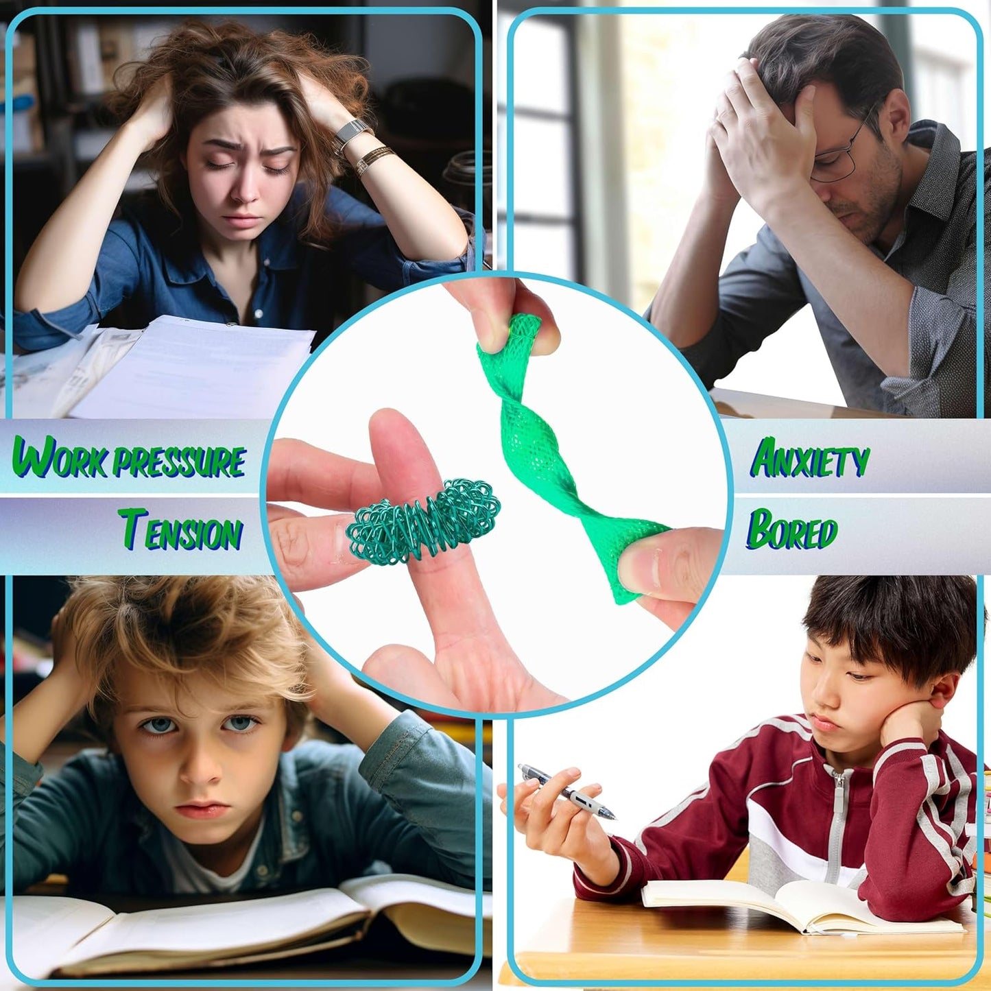 Sensory Fidget Toy 10 Set All Green Roller Bike Chain Fidget Spinner and Marble Fidget Stress Pea Pod Stress Relief Tools, Spiky Sensory Finger Ring for Kids and Adults with Attention Disorder