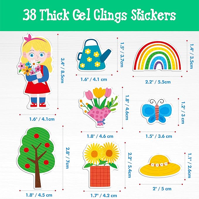 38PCS Reusable Jelly Stickers, Waterproof Spring-Theme Window Cling Stickers for Toddlers, Removable Easy to Clean Gel Decals for Kids, Adults, Home & Classroom Decors, Travel Toy (Not Edible)