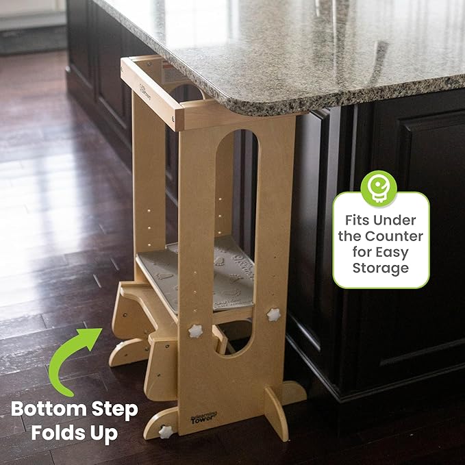 Little Partners Foldable Toddler Tower, Learning Tower Explore 'N Store Montessori Standing Kitchen Tower with Folding Step Stool Platform for Cooking and Learning, Ages 2+ (Natural)