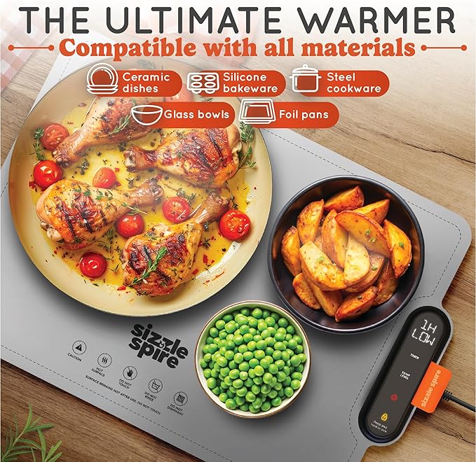 Electric Warming Tray, Rollable Silicone Warming Pad for Food with 4 Temperature Settings, auto Shut-Off, Great Food Warmer Mat for Parties, Buffets, Gatherings and Everyday Use - Gray