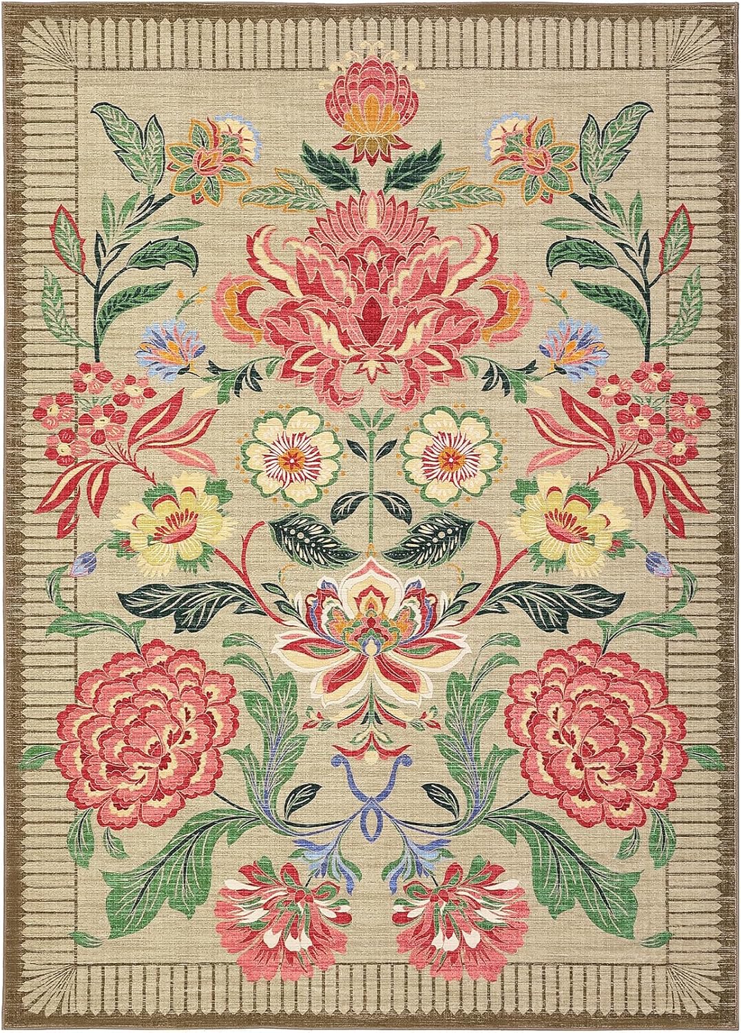 GarveeHome Floral Botanical Washable 9x12 Area Rug for Living Room Soft Camel Taupe Brown Vintage Boho Cottage Large Rugs Low Pile Carpet for Bedroom Dining Nursery Rug