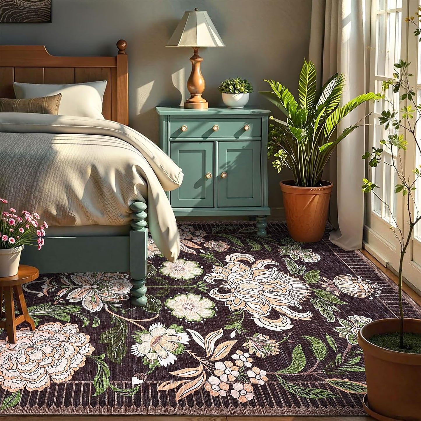 GarveeHome Plum Pink Floral Botanical Washable 5x7 Rug for Living Room, Black Purple Vintage Boho Cottage Throw Rugs Low Pile Carpet for Bedroom Dining Nursery Rug