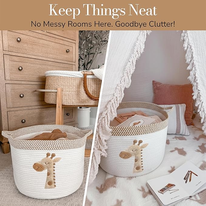 Giraffe Storage Basket for Nursery – Large 15”x11” Cotton Rope Bin with Soft Felt Animal Patch – Toy Organizer, Baby Laundry Hamper, Diaper & Towel Holder – Foldable, Washable & Baby-Safe