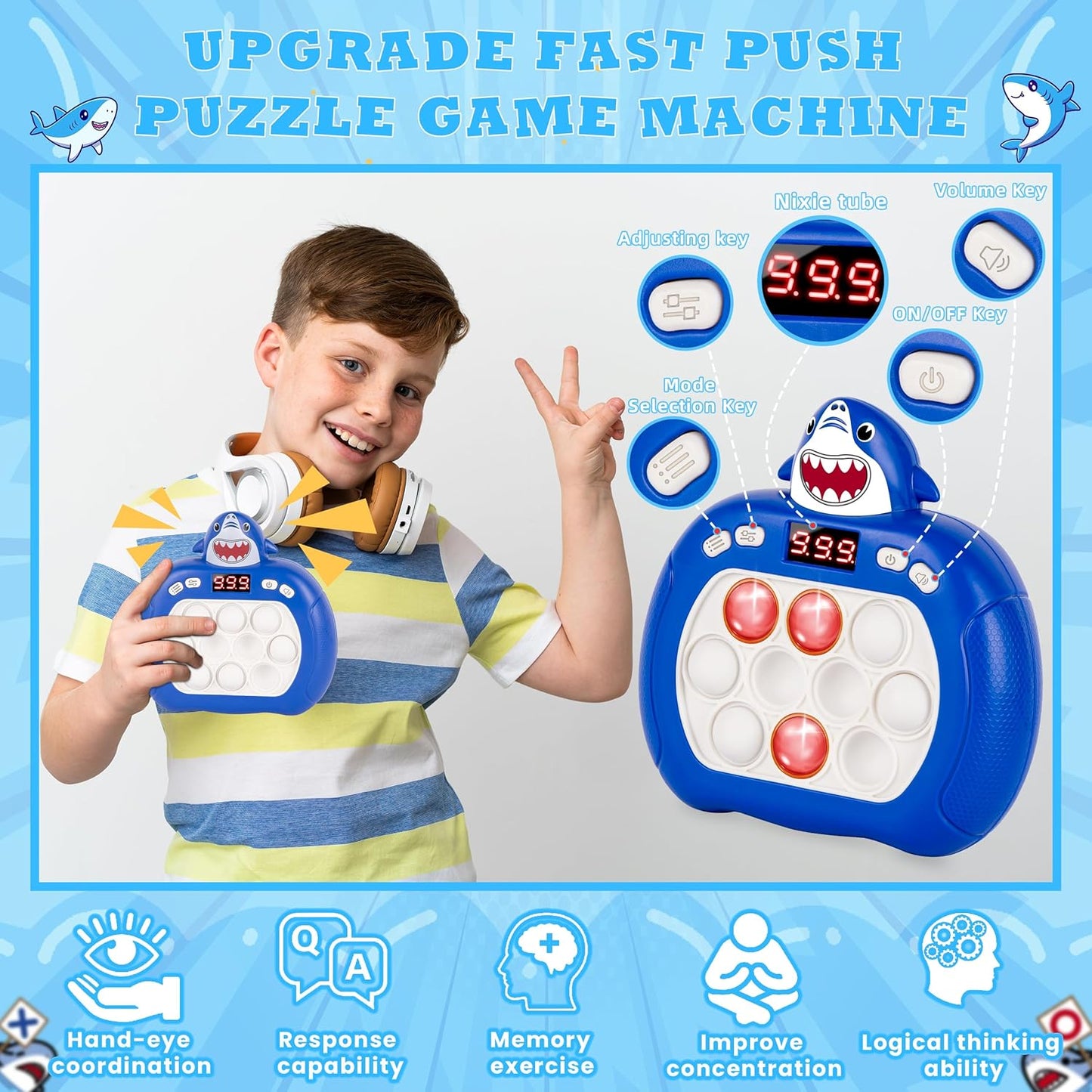 Upgraded Fast Quick Game Pop Bubble Up Toys for Kids, Funny Toys with LED Screen for Kids 3-12 for Girls and Boys Bubble Stress,Handheld Puzzle Game Sensory Toys(Batteries Included) (Shark)