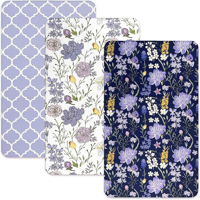 AMROSE 3 Pack Soft Mini Crib Sheets, Microfiber Pack N Play Sheets Set for Baby Girls, Silk Touch Gentle Playard Sheet Portable Crib Sheet, Violet