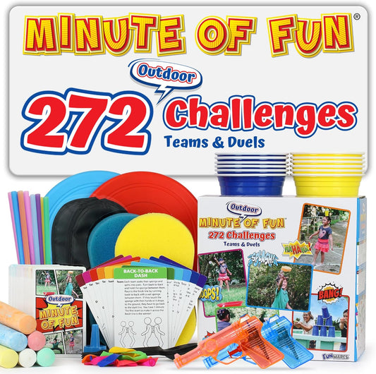 Funwares Minute of Fun Game - Minute to Win It Games for Kids, Adults, Teens, Families, Game Night, Gift for Home, Birthdays, or Travel. 2-12 Players! Outdoor - 272 Challenges