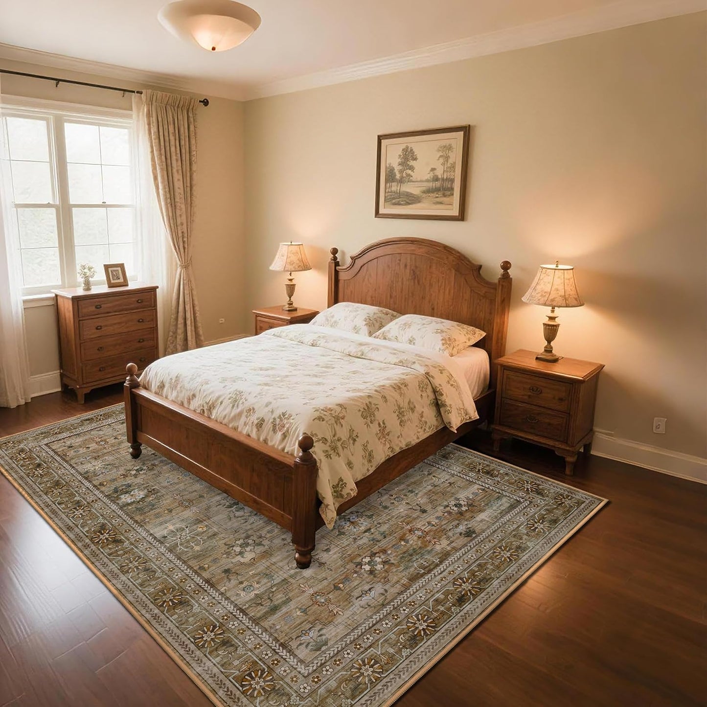 4x6 Area Rug for Bedroom Machine Washable, Non Slip Vintage Floral Kitchen Rugs for Dining Room, Low Pile Indoor Floor Print Carpet for Nursery Farmhouse Home Office Olive/Charcoal