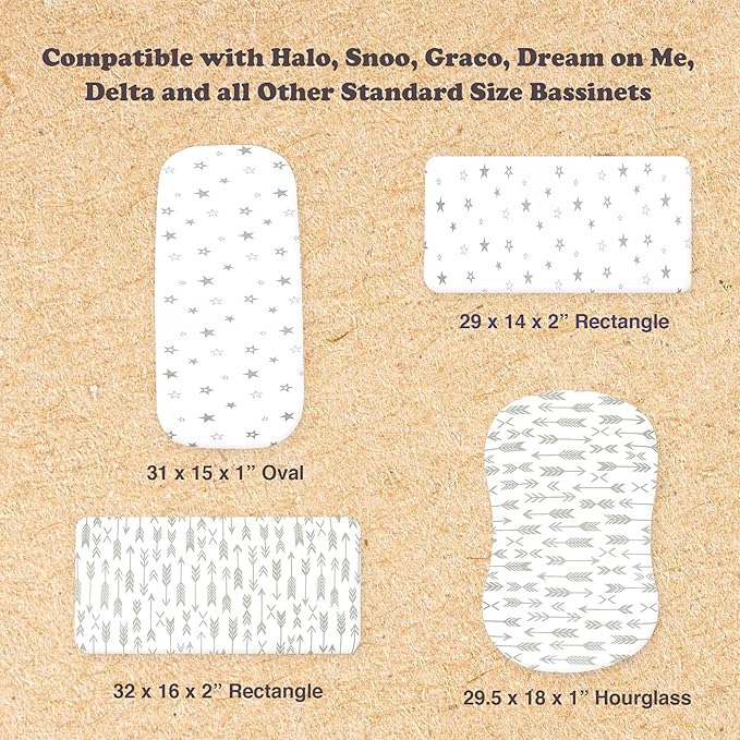 Bassinet Sheets for Baby Girl & Boy – 3-Pack Soft Fitted Bassinet Sheets, Organic Cotton, Breathable & Cozy, Fits 32x16x4 Inch Rectangle, Oval & Hourglass Mattresses (Grey/White)