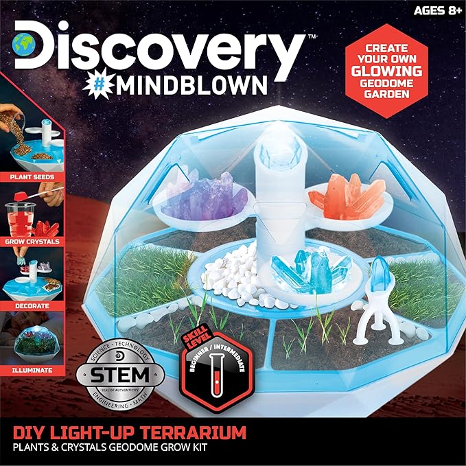 Discovery™ DIY Light-Up LED Terrarium - Plants & Crystals Geodome Grow Kit, 3 Colorful Crystal Formations, Rye Grass, Education STEM Activity Set, Indoor Science Experiment, Chemistry Gift