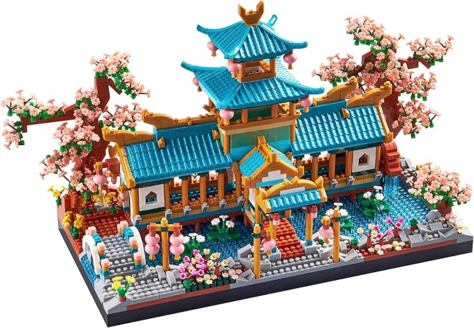 JXRLMB Chinese Classical Suzhou Gardens Micro Building Blocks Sets with Sakura Cherry Tree Challenging Construction Set for Adults, Home and Office Decoration, Gift for Kids Age of 14+ 2350 pcs