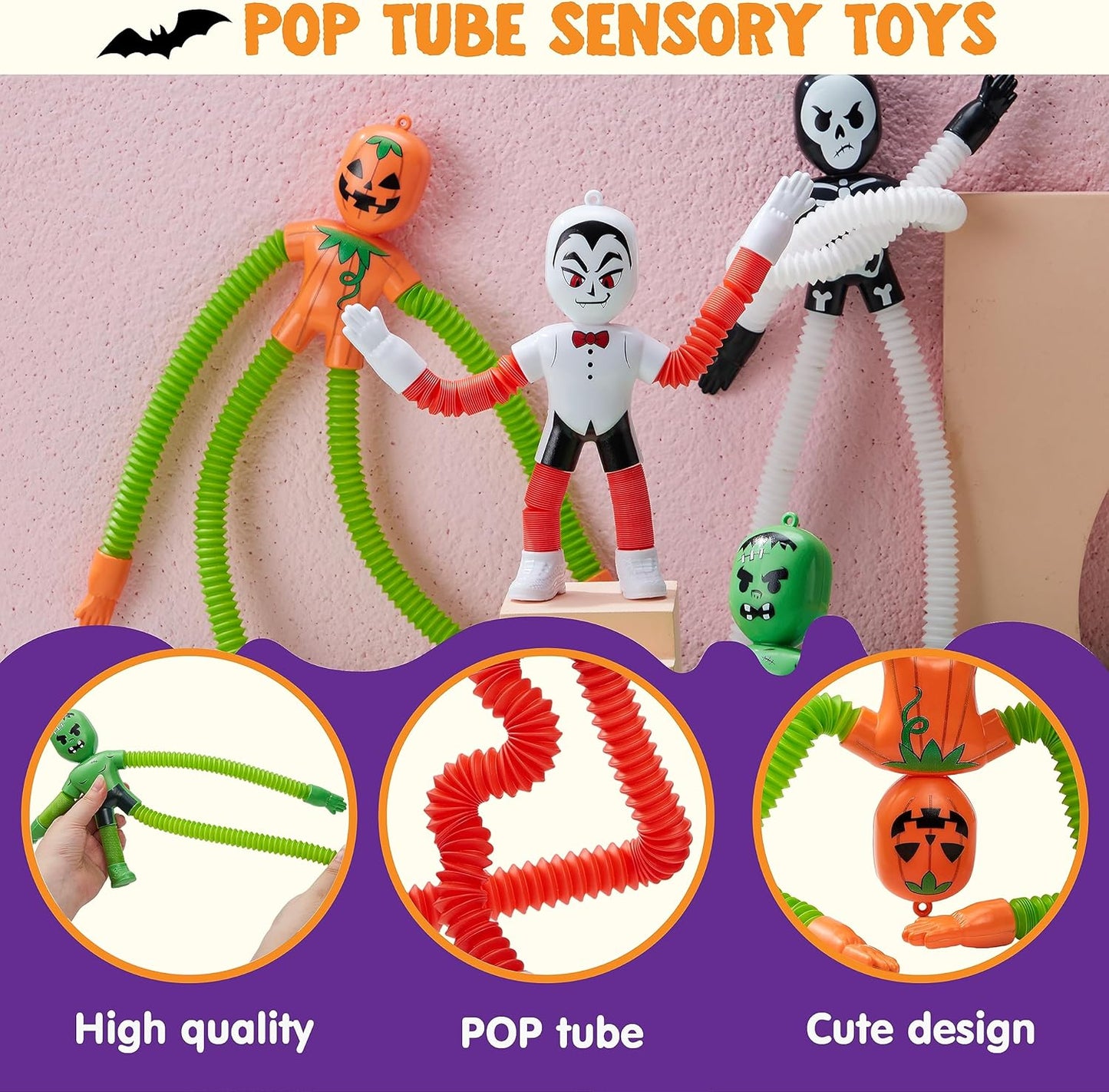 JOYIN 4 PCS Halloween Sensory Stretchy Fidget Toys, Stress Relief Telescopic Pop Tube Toys, Halloween Party Favors Children Gift, Frankenstein, Pumpkin, Skeleton, Vampire, Kids Autisms
