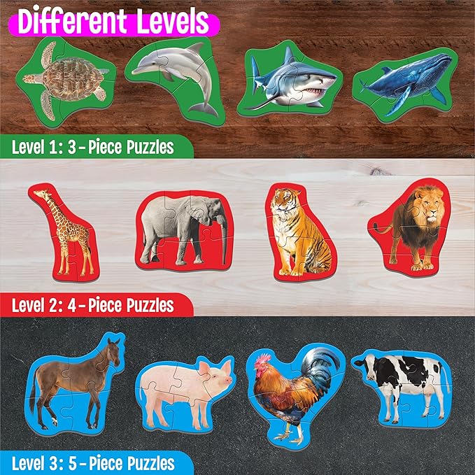 12 Pack Animal Puzzles, 48 Pieces Step-by-Step Farm/Marine/Safari Animal Jigsaws, Realistic Animal Jigsaw Puzzles with Name Guide Early Learning for Beginner Preschool Toddlers 3+ Years Old