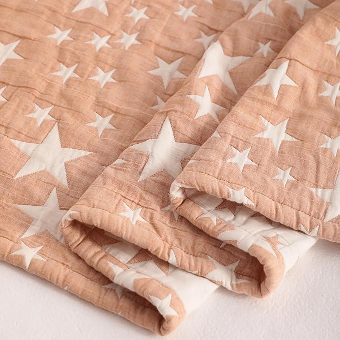 NTBAY 3 Layer Toddler Blanket, Muslin Cotton Jacquard Bed Blankets, Lightweight Thermal Baby Blanket, Super Soft and Warm Crib Blanket for All Seasons, Decoration Gift, 30"x40", Pale Orange Star