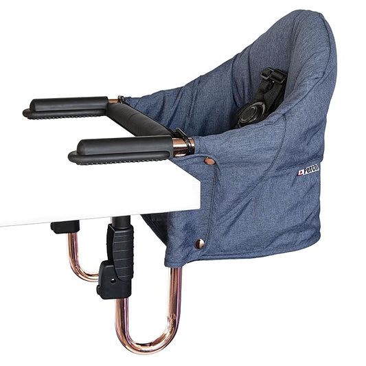 guzzie+Guss Perch Clip-On Table Chair – Easy Setup for Travel (Restaurants, Picnics), at Home (Kitchen Islands, Dining Tables) - Secure & Portable Seating, Machine Washable Fabric - Copper Blue