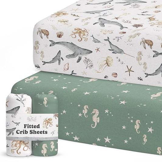Crib Sheets Neutral - Fitted Baby Crib Sheets Bed for Girl Boy - 2 Pack Standard & Toddler Mattress (Ocean Odyssey) - Buttery Soft Organic Cotton Blend