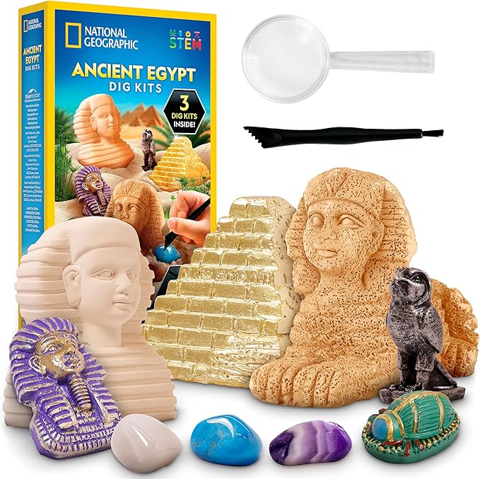 National Geographic Ancient Egypt Dig Kit – Includes Pyramid, Sphinx & Pharaoh-Shaped Dig Bricks with Real Gemstones & Replica Artifacts, Tools & Learning Guide for Kids, Science Kits for Kids