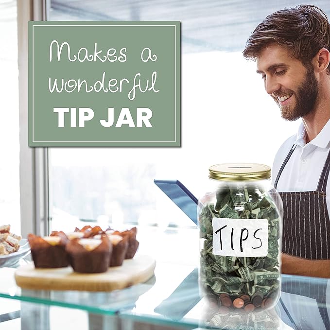 Mason Large Coin Bank with Slotted Gold Lid - Holds Up to $3,000 in Quarters - 1 Gallon Glass Money Jar for Piggy Bank, Tips, Raffle Tickets & Donations - Made in USA