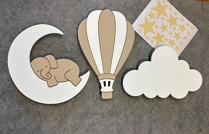 BugyBagy Nursery Wall Lamp Set – 3 Hand Painted Night Lights for Baby Room (Hot Air Balloon, Cloud, Elephant on Moon) + Bonus Wall Stickers – Soft Linen Colors (Beige Theme)