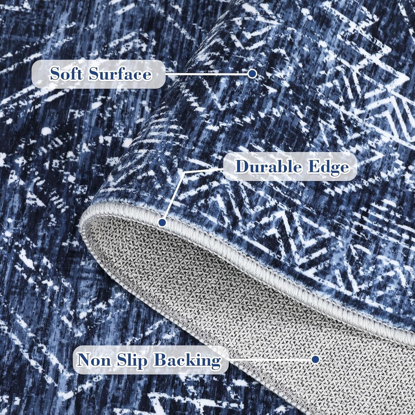 COZYLOOM Washable Runner Rug 2x8 Vintage Non Slip Low Pile Rug Soft Throw Floor Cover Geometric Tribal Foldable Indoor Carpet for Living Room Bedroom Hallway, Blue