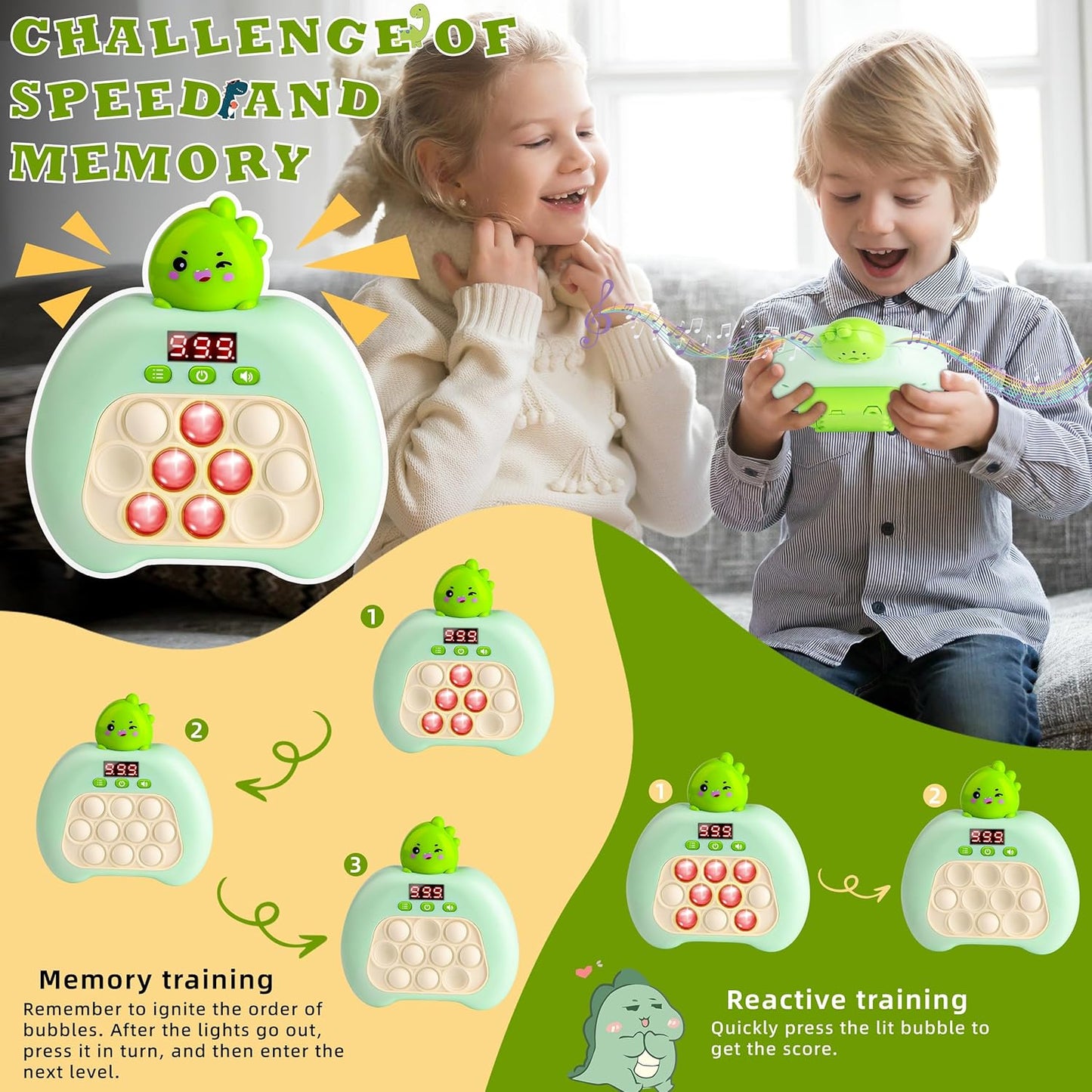 Upgraded Fast Quick Game Pop Bubble Up Toys for Kids, Funny Toys with LED Screen for Kids 3-12 for Boys and Girls Bubble Stress,Handheld Puzzle Game Sensory Toys(Batteries Included)(Dinosaur)