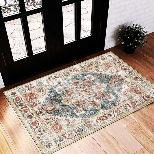 Beige Blue Area Rug 2'x3' Washable Rug Door Mat Vintage Distressed Doormat Indoor Entrance Traditional Thin Floral Print Non Slip Carpet for Kitchen Bathroom Bedroom Living Room