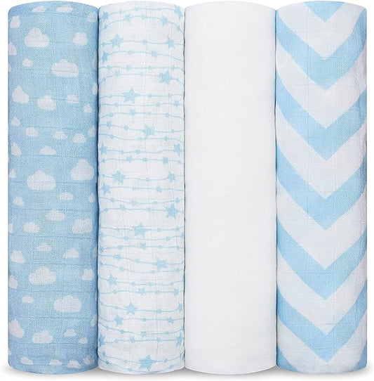 Comfy Cubs Muslin Swaddle Blankets Pack of 4, 47 x 47 Inches, Soft Cotton Baby Blanket Set, Large Multipurpose Swaddling Wraps for Newborns - Self-Soothing Swaddle - Blue