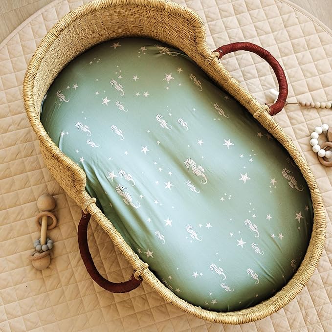 Baby Bassinet Sheets for Boy, Girl (Ocean Odyssey) 2-Pack - Fitted Bedside Bassinet Sheets - Buttery Soft Cotton Blend for Standard Mattress Pad - Compatible with Halo BassiNest