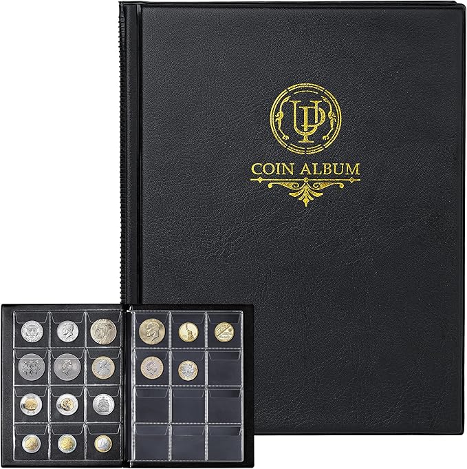 120 Pockets Coin Album - Coin Collecting Book with 10 Pages, 45x43 mm Grid Holder for Pounds Pence Cents Dollars Nickel (Black) CS48120BK