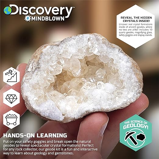 Discovery™ Crack-Open Geode Kit – Mystery Crystal STEM Science Set | 10 Natural Quartz Geodes | Kids Goggles, Magnifying Glass & Display Stands | Rock Dig Activity Toy| Educational Experiment Gift
