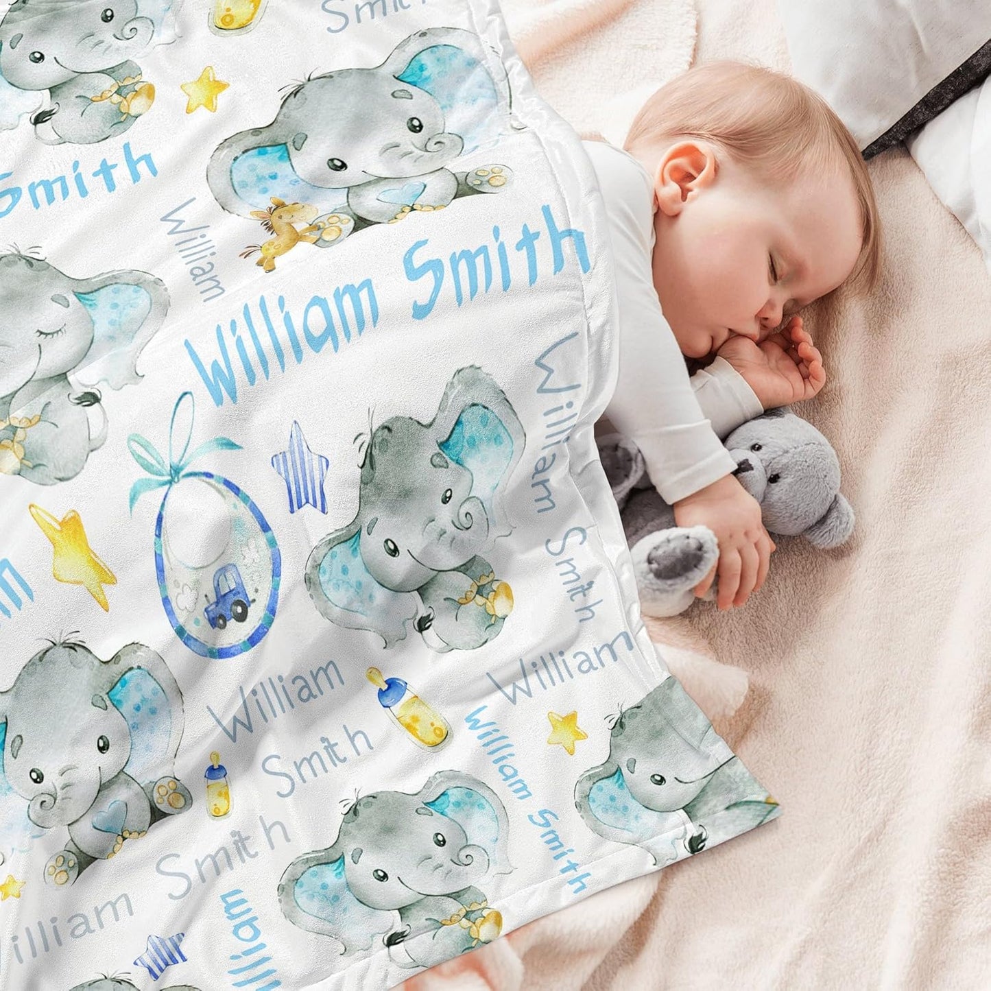 Personalized Elephant Baby Blanket for Boy Girl Custom Name Blanket for Baby Shower Customized Birthday Christmas Newborn Gifts