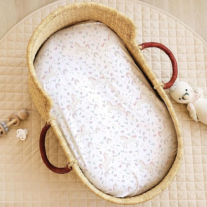 Baby Bassinet Sheets for Boy, Girl (Unicorn Blossom) 2-Pack - Fitted Bedside Bassinet Sheets - Buttery Soft Cotton Blend for Standard Mattress Pad - Compatible with Halo BassiNest