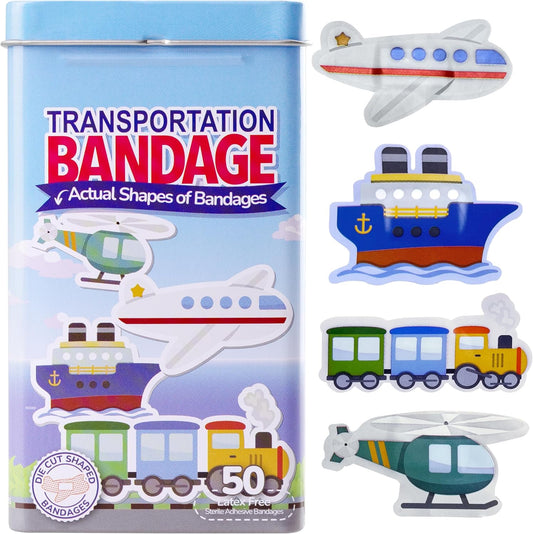 BioSwiss Bandages, Transportation Shaped Self Adhesive Bandage, Latex Free Sterile Wound Care, Fun First Aid Kit Supplies for Kids, 50 Count