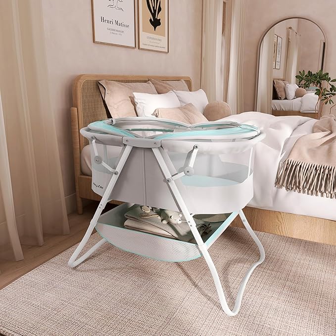 Dream On Me Karley Bassinet in Blue & Grey, Lightweight Portable Baby Bassinet, Quick Fold and Easy to Carry , Adjustable Double Canopy, Indoor and Outdoor Bassinet with Large Storage Basket.