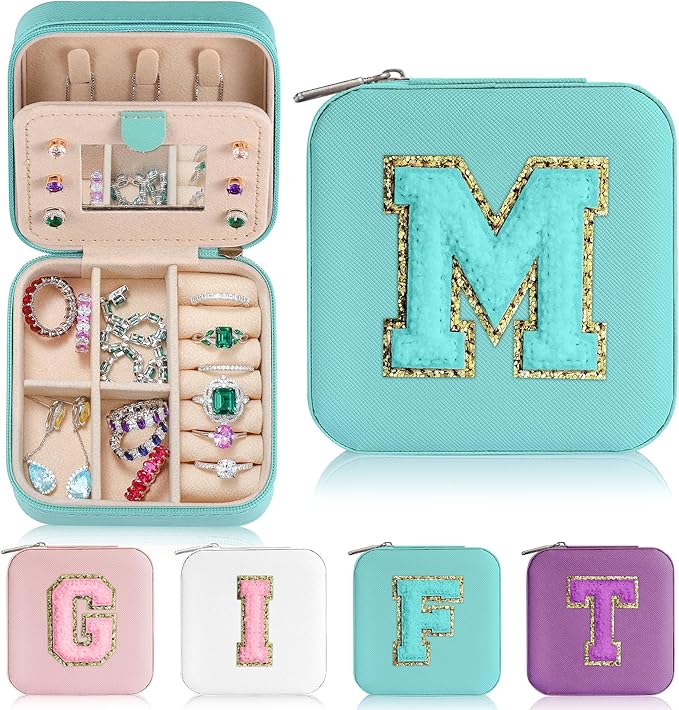 Parima Travel Essentials for Women Jewelry Box, Travel Accessories for Teen Girls Trendy Stuff | Necklace Organizer Earrings Organizer Ring Organizer - Letter M, Aqua Blue