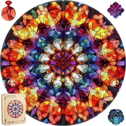 Jiroinlly Wooden Jigsaw Puzzles - Crystal Mandala Wooden Puzzles for Adults 500 Pcs, 16.5'' Luxurious Shaped Wood Puzzle, Beautiful Package, Best Gift Toys for Adults and Kids, Family Game