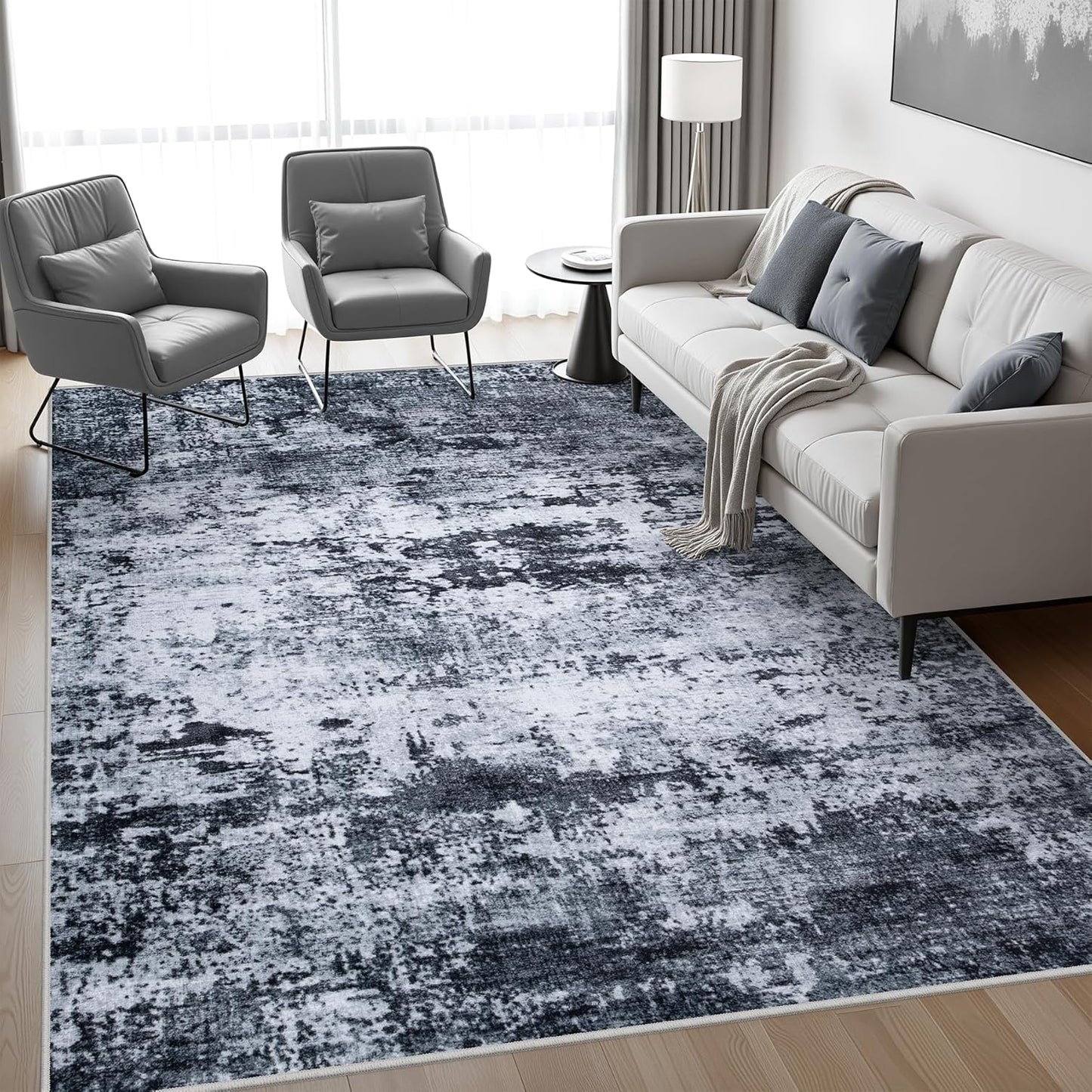 6x9 Area Rug Living Room Rug: Washable Modern Abstract Soft Thin Rug Indoor Floor No Slip Stain Resistant Carpet for Bedroom Dining Room Farmhouse Nursery Home Office - Black