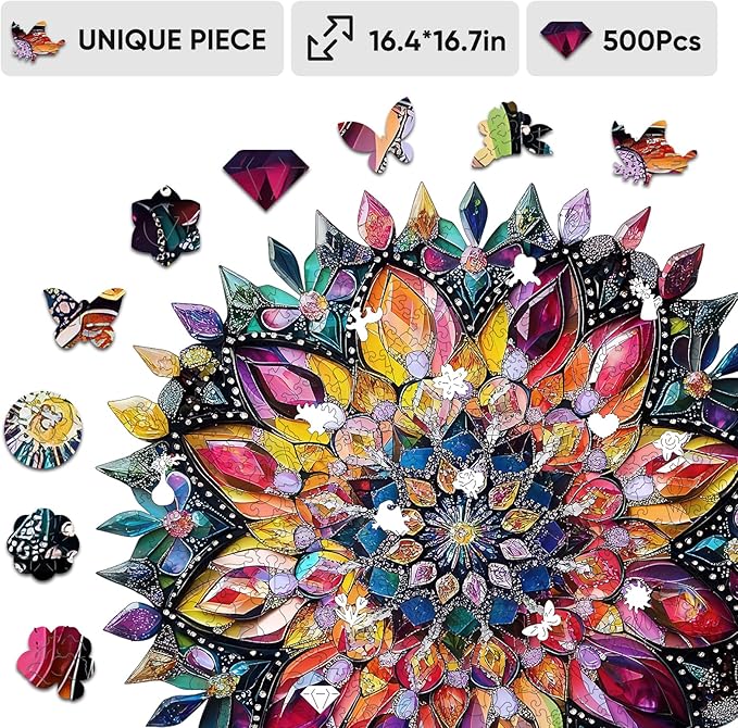 Jiroinlly Wooden Jigsaw Puzzles 500 Pcs - Diamond Mandala Wooden Puzzles for Adults, Luxurious Shaped Wood Puzzle, Beautiful Package, Best Gift for Adults and Kids, Family Game, 16.4'' x 16.7''