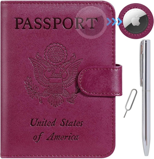 Airtag Passport Holder Cover Wallet RFID Blocking Leather Case Travel Essentials Luggage Accessories Travel Must Have(118#Purple)