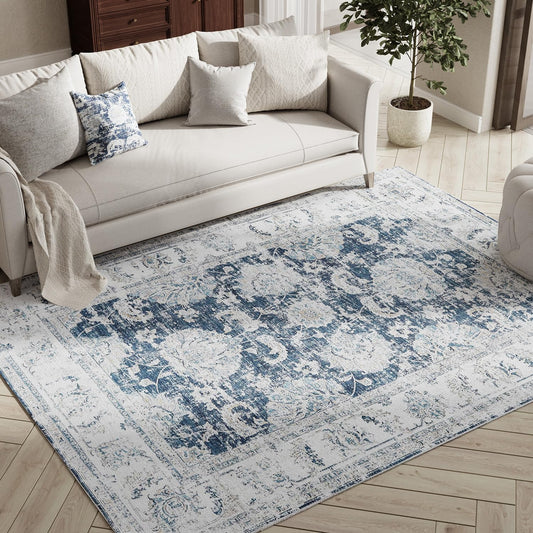 jinchan 4x6 Area Rugs for Bedroom - Machine Washable Distressed Vintage Floral Design Stain Resistant Boho Carpet Ultra-Thin Low Pile Non-Slip Rug for Living Room Dining Room Kitchen (4‘x6',Dark Blue)