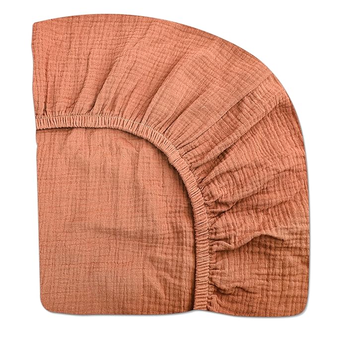 Mini Crib Sheets for Baby, Fitted Pack N Play Mattress and Mini Cribs 24" x 38", Neutral Muslin Cotton Mini Crib Mattress Sheet with Boho Style, Soft and Breathable Comfort (Brick)