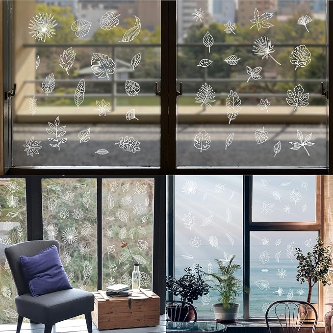 90 PCS Leaf Window Clings - Double Sided White Leaves Stickers - 90 Designs - Reusable Window Decals - Static Clings - Bird Alert - Prevent Bird Strikes