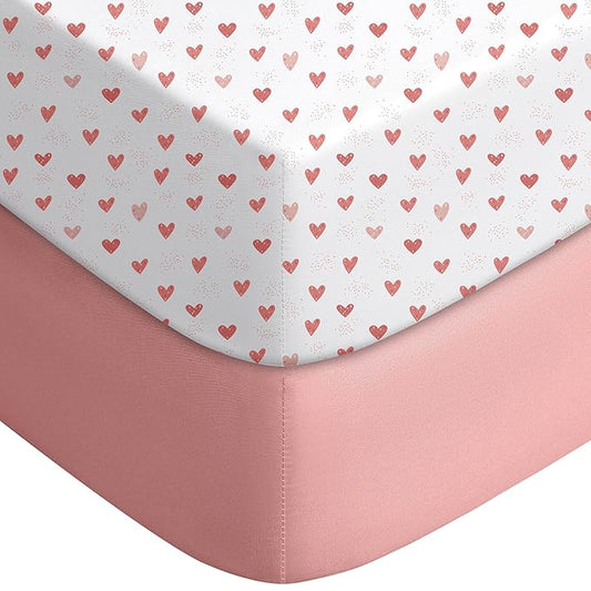Yoofoss Baby Crib Sheets for Boys Girls, Fitted Crib Sheet 2 Pack for Standard Crib and Toddler Mattress, Super Soft Microfiber Baby Sheet 28x52x8in Pink+Love