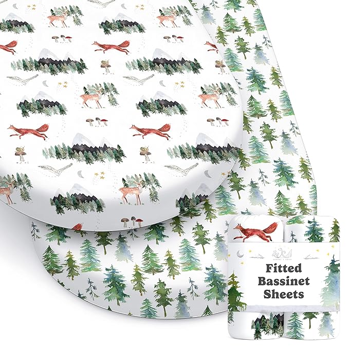 Baby Bassinet Sheets for Boy, Girl (Woodland Forest Animals) 2-Pack - Fitted Bedside Bassinet Sheets - Buttery Soft Cotton Blend for Standard Mattress Pad - Compatible with Halo BassiNest