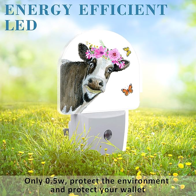Night Light Plug into Wall Watercolor Cow with Wreath Dusk to Dawn Sensor for Kid Girls Boys Women Men Room Decor, Hallway, Kitchen, Bathroom, Nursery, Stairs