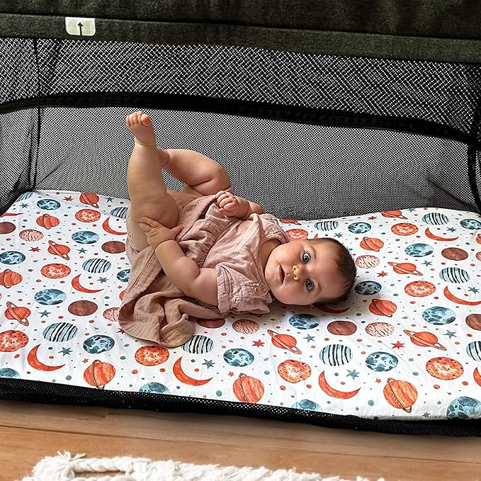 Quiggly Travel Crib Sheets for Guava Lotus, 2 Pack Organic Cotton Jersey Knit, Space, Planet & Star Patterns - Fits Travel Crib Mattress for Boys & Girls