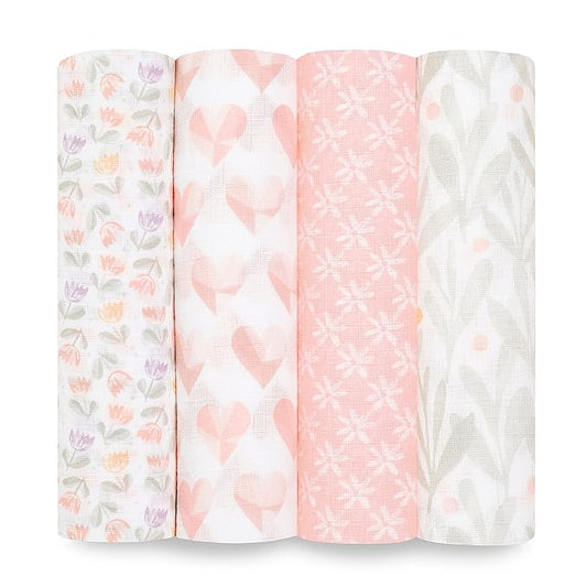 aden + anais Essentials Swaddle Blanket, Boutique Muslin Blankets for Girls & Boys, Baby Receiving Swaddles, Ideal Newborn & Infant Swaddling Set, Perfect Shower Gifts, 4 Pack, Piece of My Heart